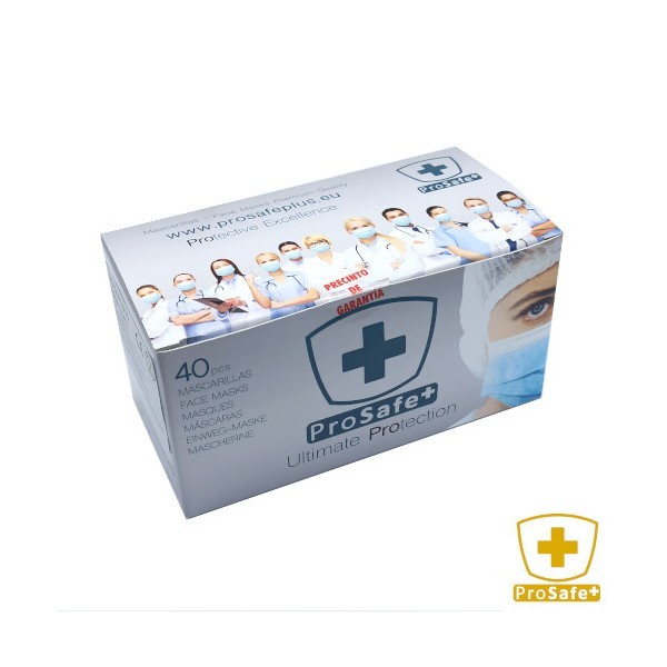 Mascarillas ProSafe quirúrgicas desechables 3 capas tipo IIR fabricadas en España, caja 40uds