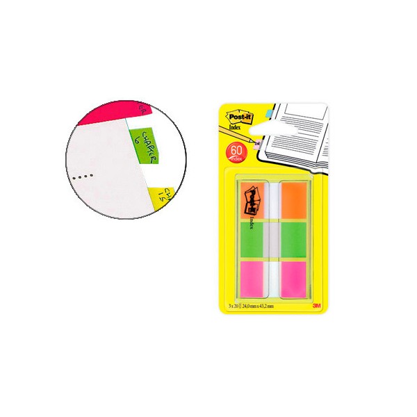 Índices medianos Post-it con dispensador, 60 Index 20 rosa, 20 naranja, 20 lima