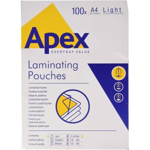 Bolsas plastificación Apex A4 75-80 micras, 216x303mm, pack 100 uds