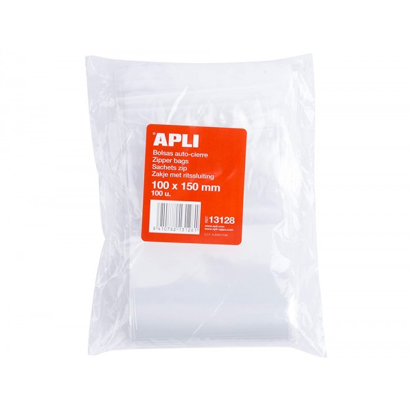 Bolsas Apli plástico 100x150mm auto cierre hermético grip. Uso alimentario. Pack 100 bolsas.