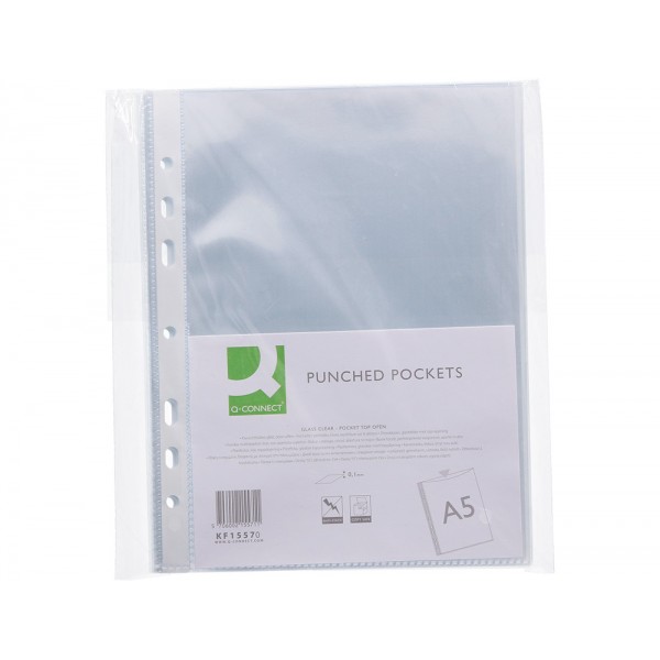 Funda Q-connect PP multitaladro (6T) 100 micras, cristal, tamaño A5, caja 100 uds