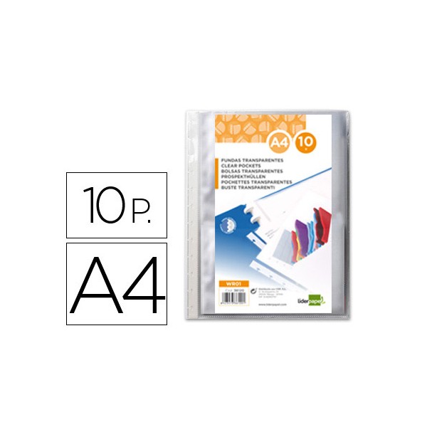 Recambio para carpeta con fundas Liderpapel A4, bolsa 10 fundas interiores intercambiables 70 micras