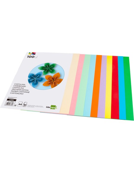 Cartulina Liderpapel A4 10 colores surtidos, pack 100 cartulinas