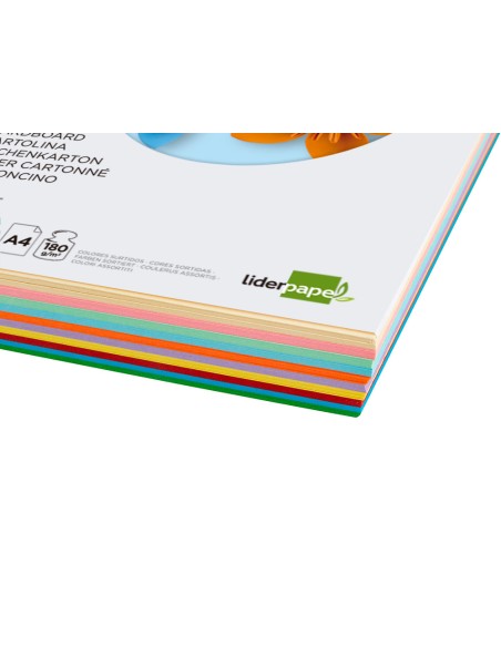 Cartulina Liderpapel A4 10 colores surtidos, pack 100 cartulinas