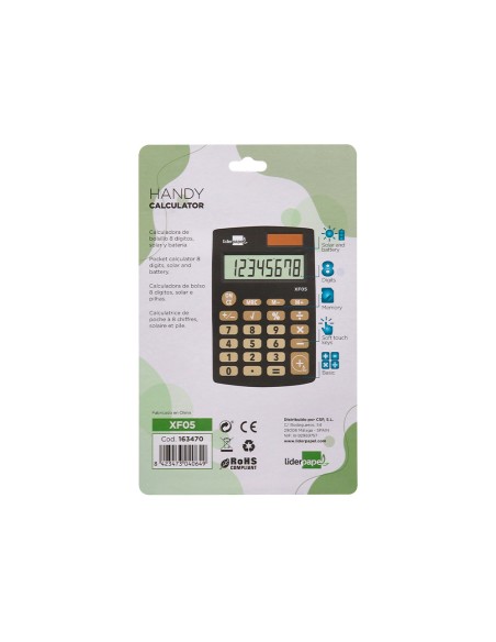 Calculadora de bolsillo Liderpapel XF-05, 8 digitos, alimentación dual: solar y pilas