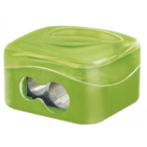 Afilador M+R doble (2 agujeros) metálico, para lápices de hasta 8mm de diámetro, con depósito de plástico, colores surtidos