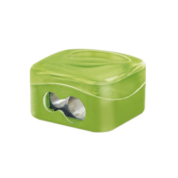 Afilador M+R doble (2 agujeros) metálico, para lápices de hasta 8mm de diámetro, con depósito de plástico, colores surtidos