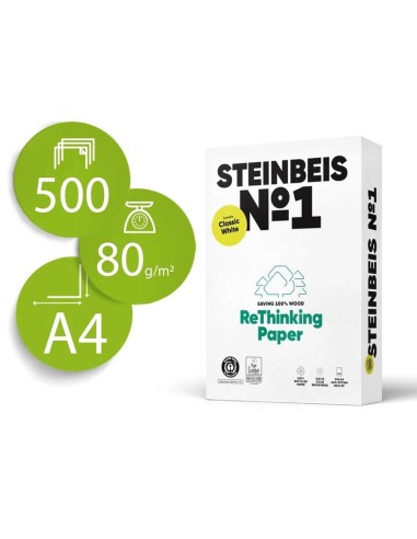 Papel Steinbeis Nº1 A4 multifunción 100% reciclado 500 hojas 80g/m2 blancura Cie 55, opacidad 95%