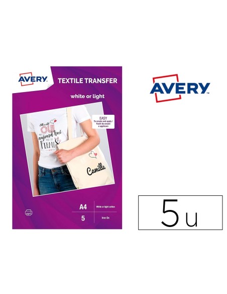 Papel transfer Avery algodón claros ink-jet A4 pack de 5 hojas