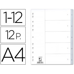 Separadores numéricos Q-connect 12 posiciones, PVC 120 micras, color gris, pestañas con número, multitaladro