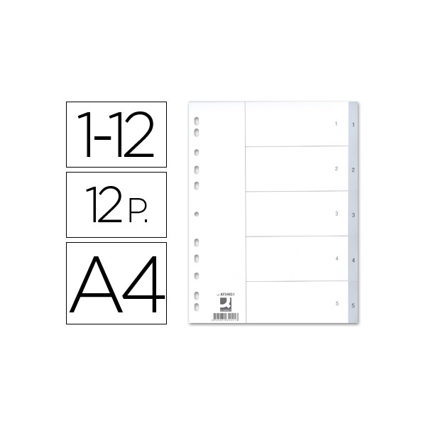 Separadores numéricos Q-connect 12 posiciones, PVC 120 micras, color gris, pestañas con número, multitaladro