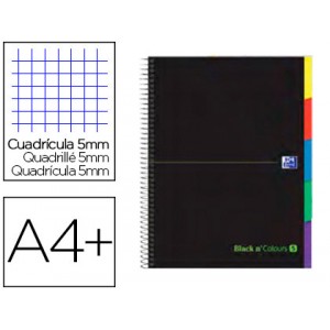 Cuaderno Oxford Black n´ Colours espiral 5 bandas con pestañas color, tapas extraduras, 100h, 90g/m2, A4+, cuadricula 5x5, negro