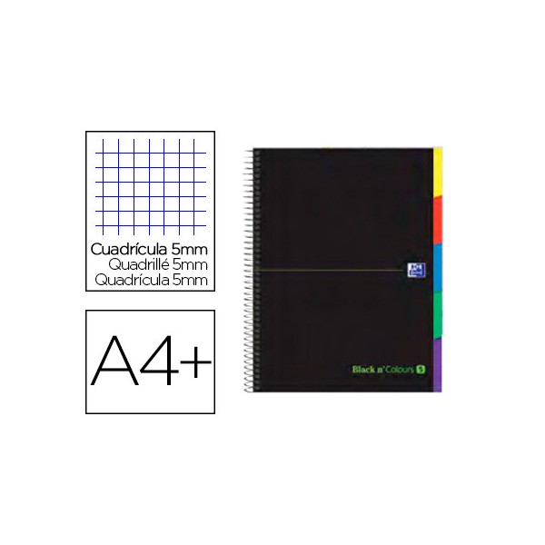 Cuaderno Oxford Black n´ Colours espiral 5 bandas con pestañas color, tapas extraduras, 100h, 90g/m2, A4+, cuadricula 5x5, negro