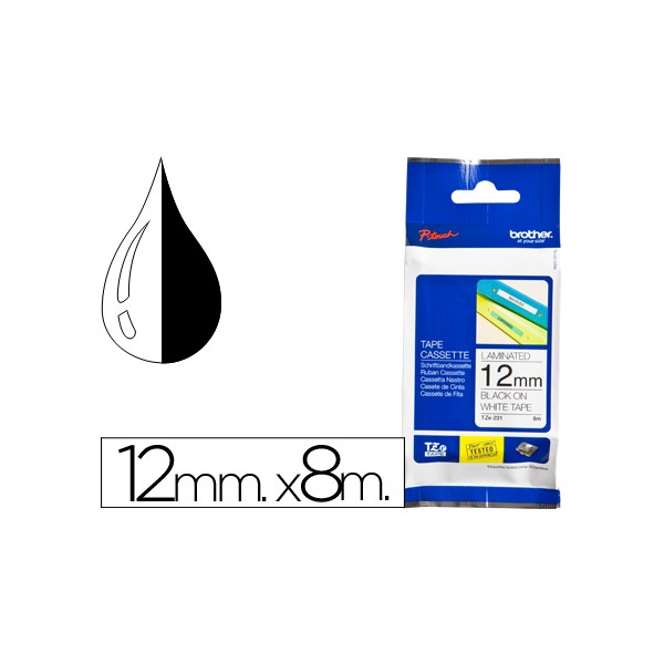 Cinta Brother TZe231E ROTULADORA LAMINADA  Blanco Negro 8m, 12mm