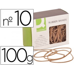 Gomas elásticas Q-Connect 10cm, 2mm ancho, bolsa 100g, fabricadas en látex, 70% de caucho