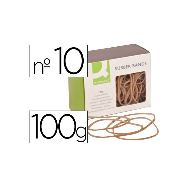 Gomas elásticas Q-Connect 10cm, 2mm ancho, bolsa 100g, fabricadas en látex, 70% de caucho