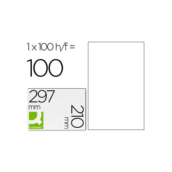 Etiquetas Q-Connect 210x297mm (A4), caja 100 hojas, blancas, cantos rectos