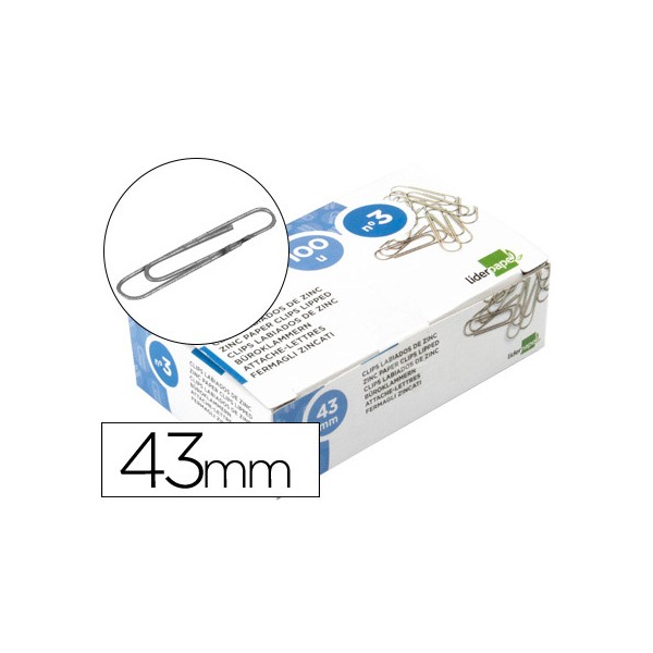 Clips Liderpapel labiado Nº 3 43mm, de zinc, 100 uds