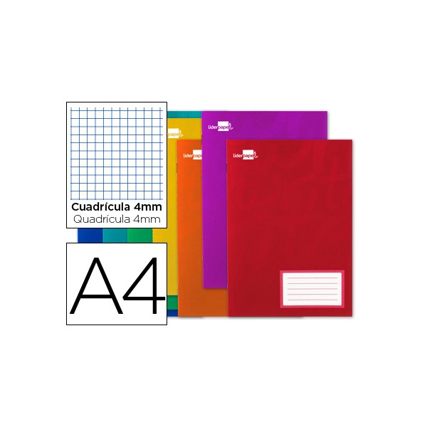 Libreta Liderpapel escolar grapada serie smart A4 Cuadrícula 4x4cm, con etiqueta en la portada, con margen, colores surtidos