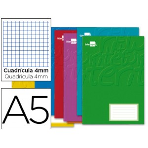 Libreta Liderpapel escolar grapada serie smart A5 Cuadrícula 4x4cm, con etiqueta en la portada, con margen, colores surtidos