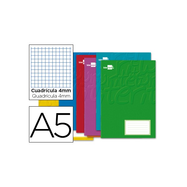Libreta Liderpapel escolar grapada serie smart A5 Cuadrícula 4x4cm, con etiqueta en la portada, con margen, colores surtidos