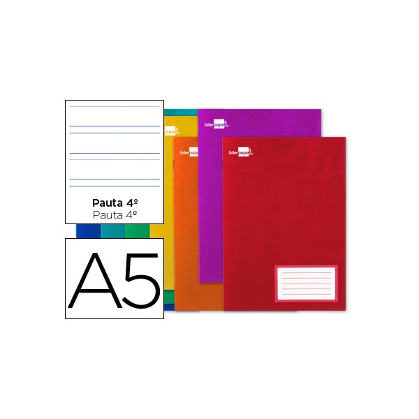 Libreta Liderpapel escolar grapada serie smart A5 pauta ancha 3.5mm, con etiqueta en la portada, con margen, colores surtidos