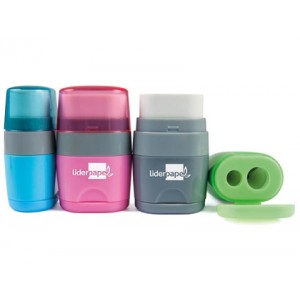 Afilador Liderpapel doble (2 agujeros) plástico infantil con goma, colores surtidos