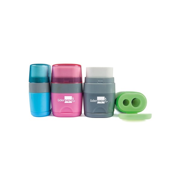 Afilador Liderpapel doble (2 agujeros) plástico infantil con goma, colores surtidos