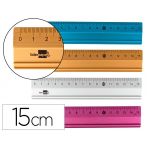 Regla Liderpapel metálica aluminio 15cm milimetrada y biselada, colores surtidos